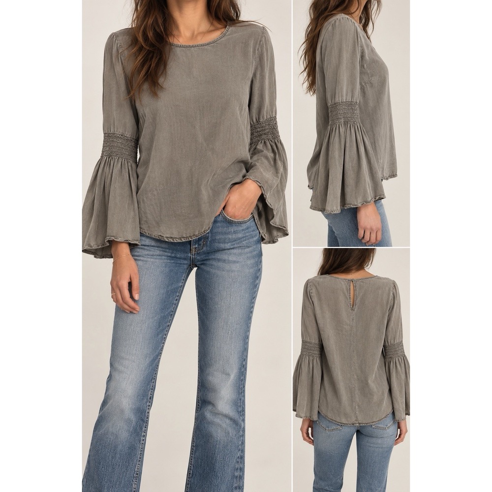 BeachLunchLounge Gray Lyocell Bell Sleeve Smocked Blouse S
